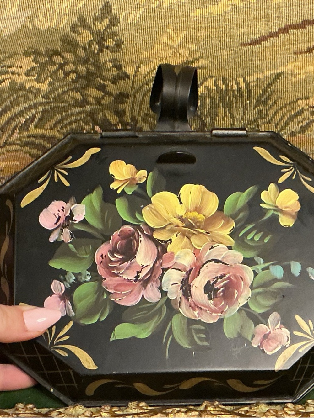Hand-Painted Black Private Butler Pink & Yellow Rose Design Crumb Catcher 1950